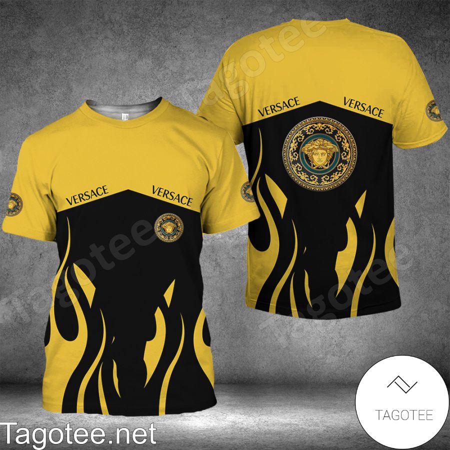 Versace Fire Pattern Black And Yellow Shirt
