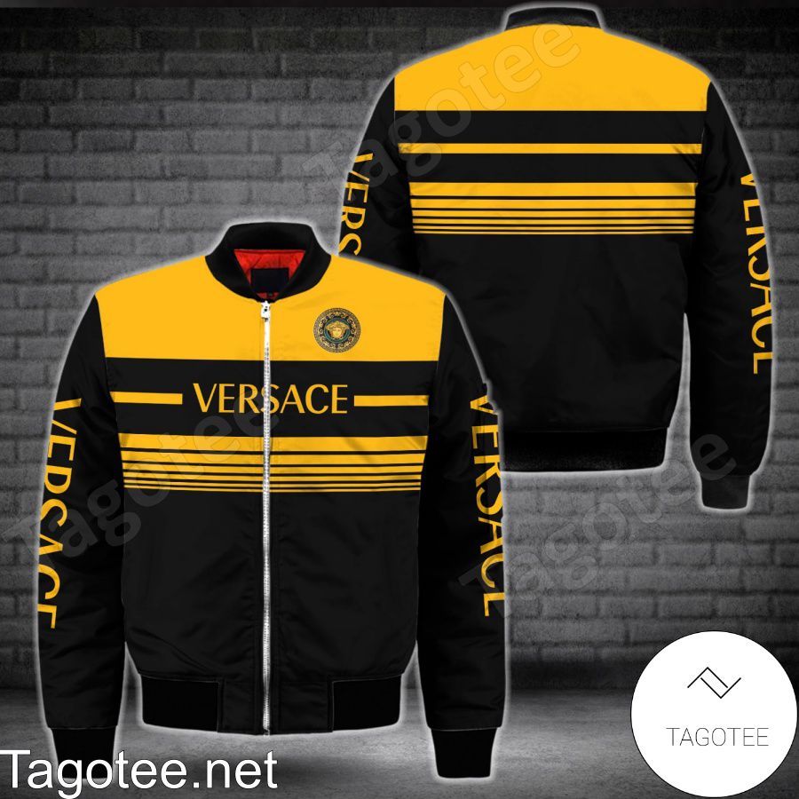 Versace Luxury Black With Yellow Horizontal Stripes Bomber Jacket