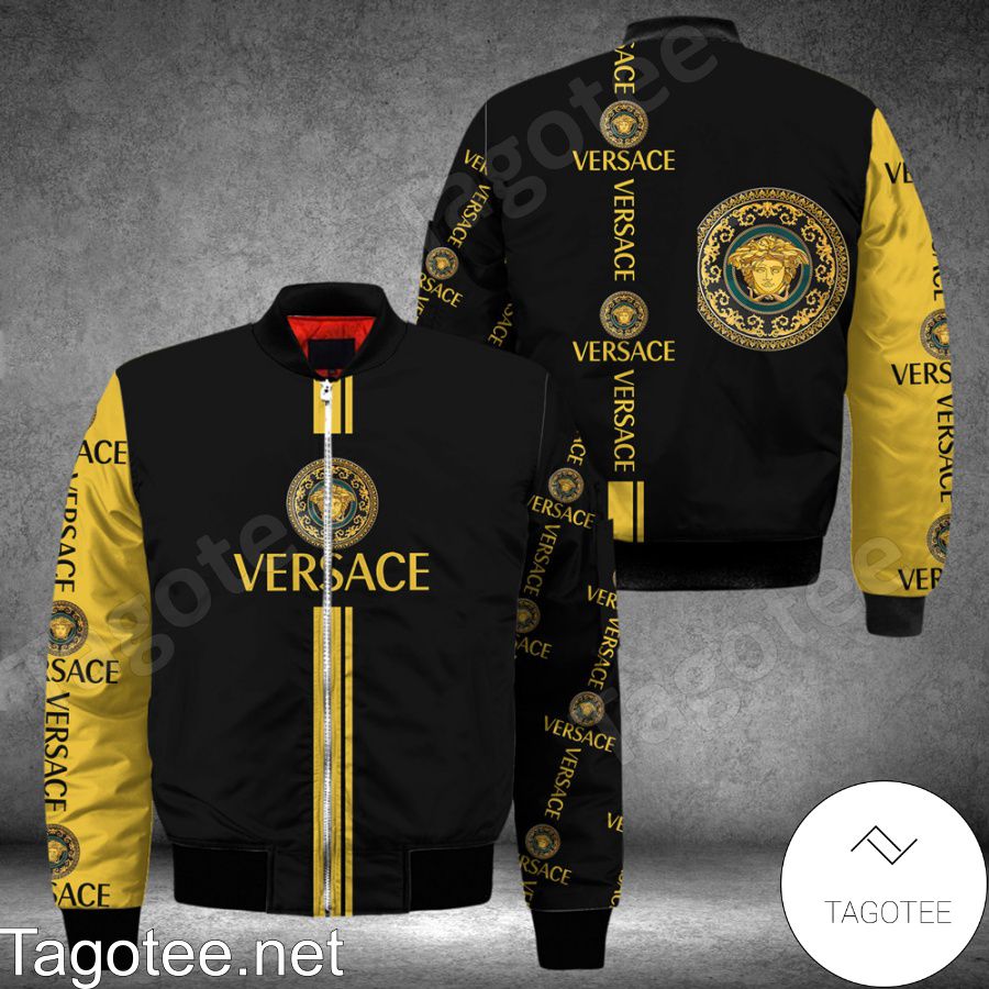 Versace Luxury Brand Name And Logo Black Mix Yellow Bomber Jacket