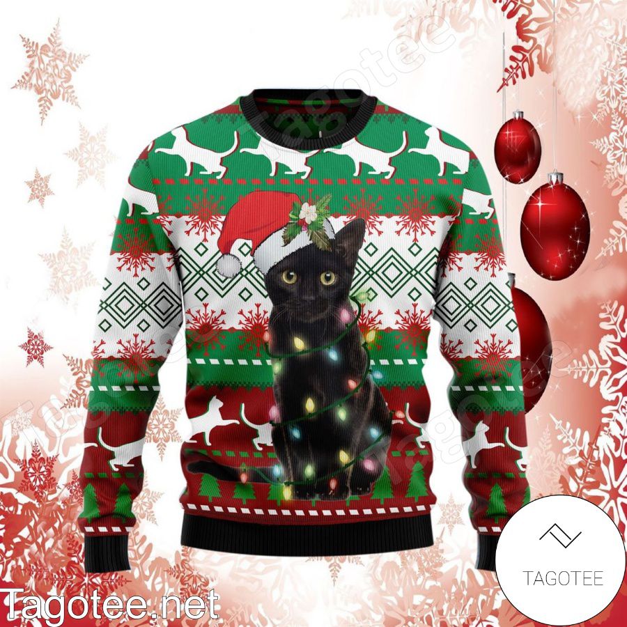 Christmas Sweater Black Cat
 Black Cat Light Xmas Ugly Christmas Sweater Tagotee