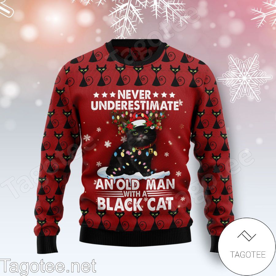 Black Cat Old Man Xmas Ugly Christmas Sweater - Tagotee