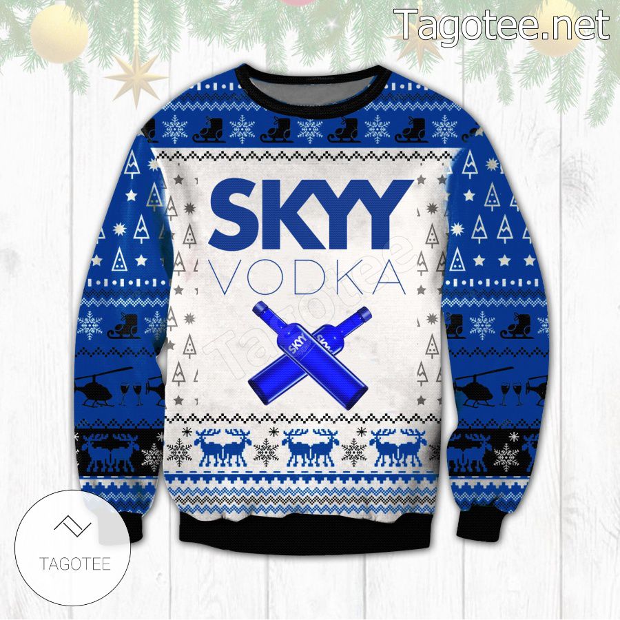 Blue Skyy Vodka Logo Reindeer Holiday Ugly Christmas Sweater