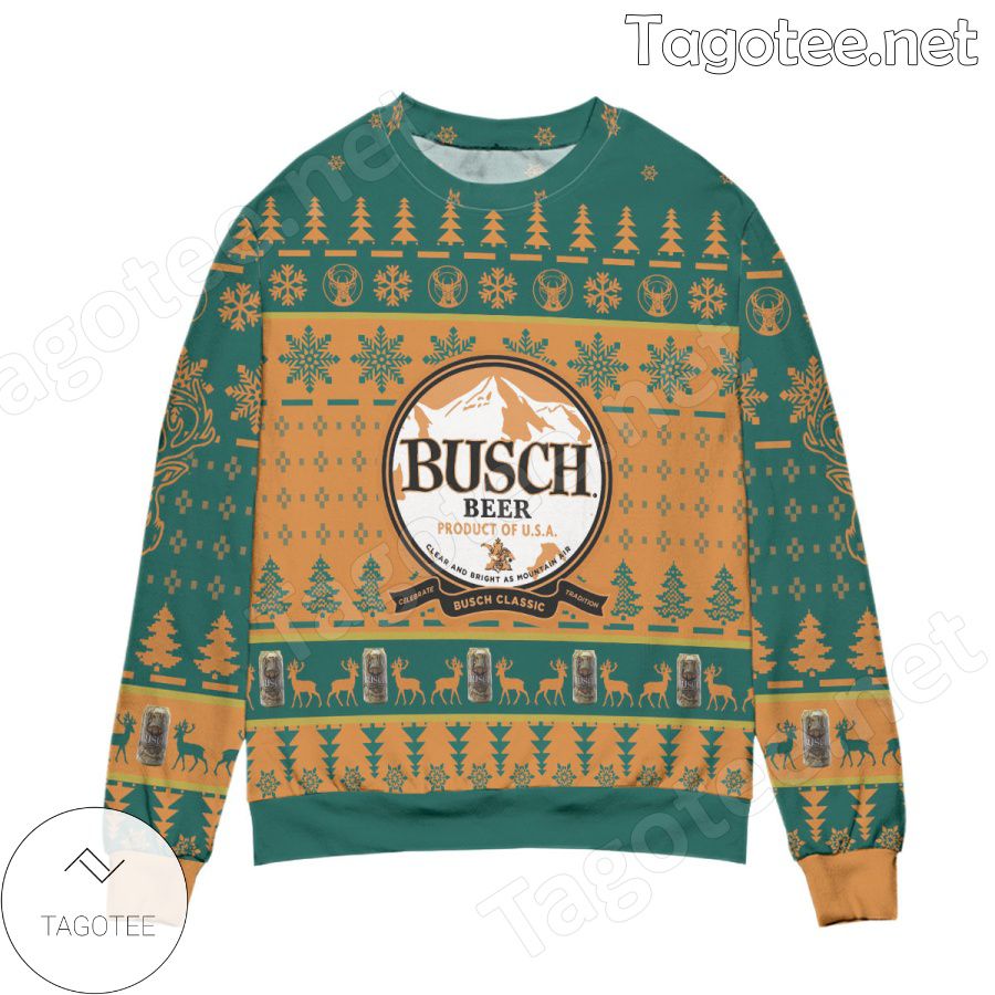 Busch Beer Product Of USA Pine Tree Snowflake Holiday Ugly Christmas Sweater