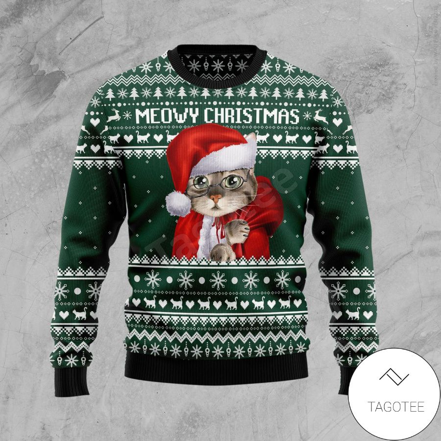 Meowy Christmas Cat Santa Xmas Ugly Christmas Sweater - Tagotee