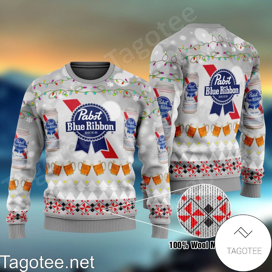 Pabst Blue Ribbon Beer Light Pine Tree Xmas Ugly Christmas Sweater ...