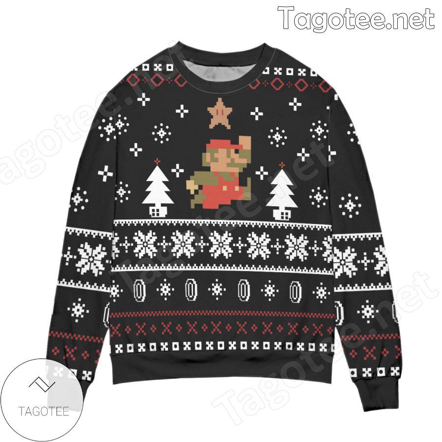 Pixel Mario Pine Tree And Snowflake Holiday Ugly Christmas Sweater