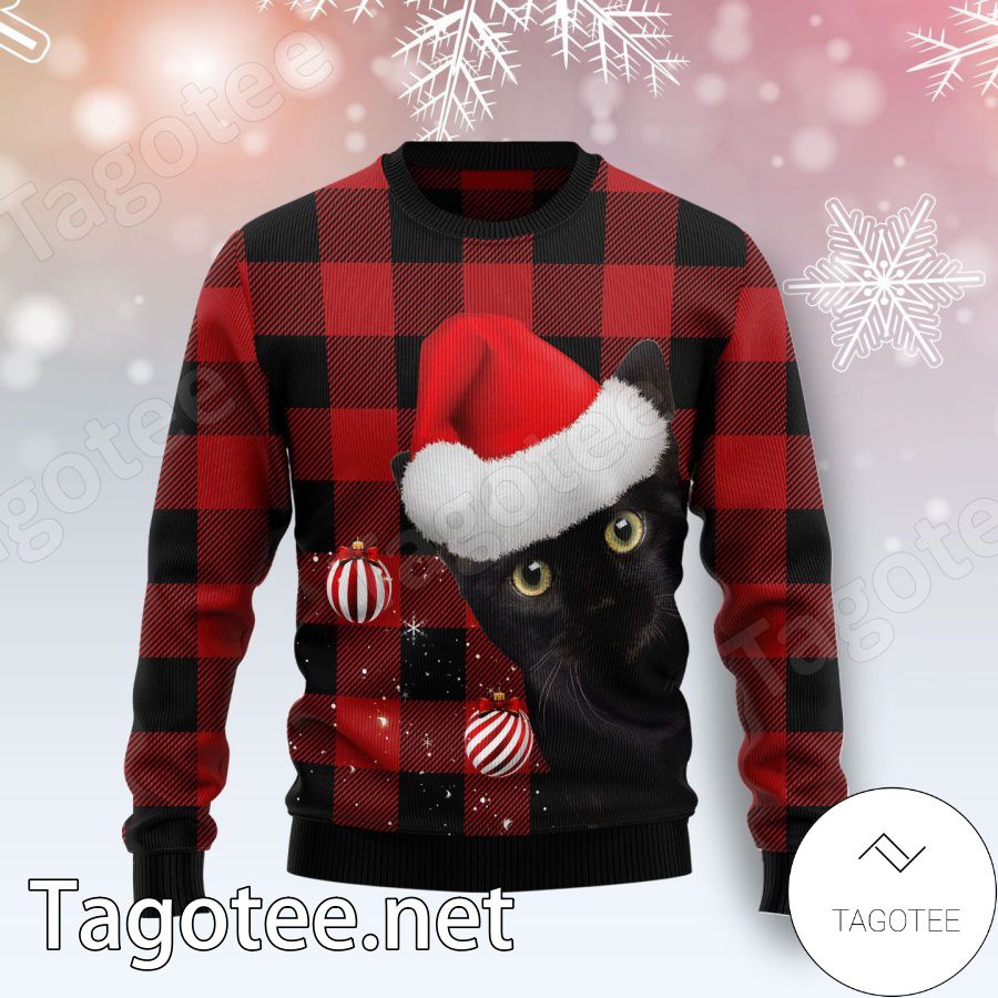 Plaid Pattern Black Cat Xmas Ugly Christmas Sweater - Tagotee