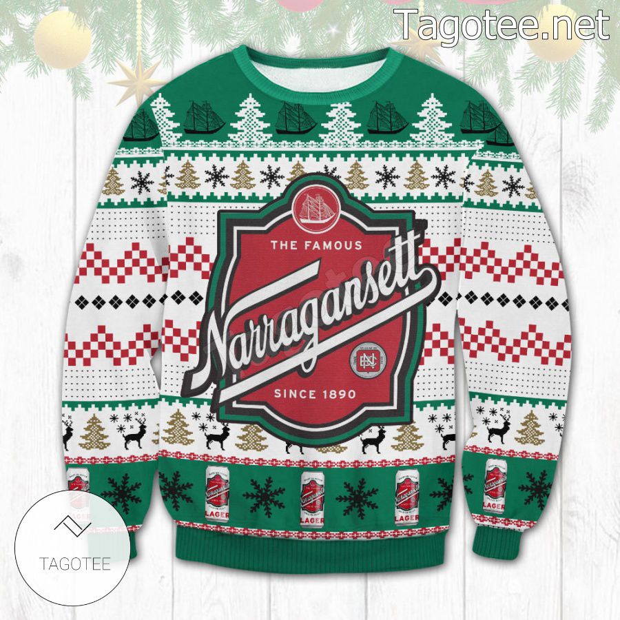 The Famous Narragansett Lager Beer Logo Since 1890 Pine Tree Holiday Ugly Christmas Sweater