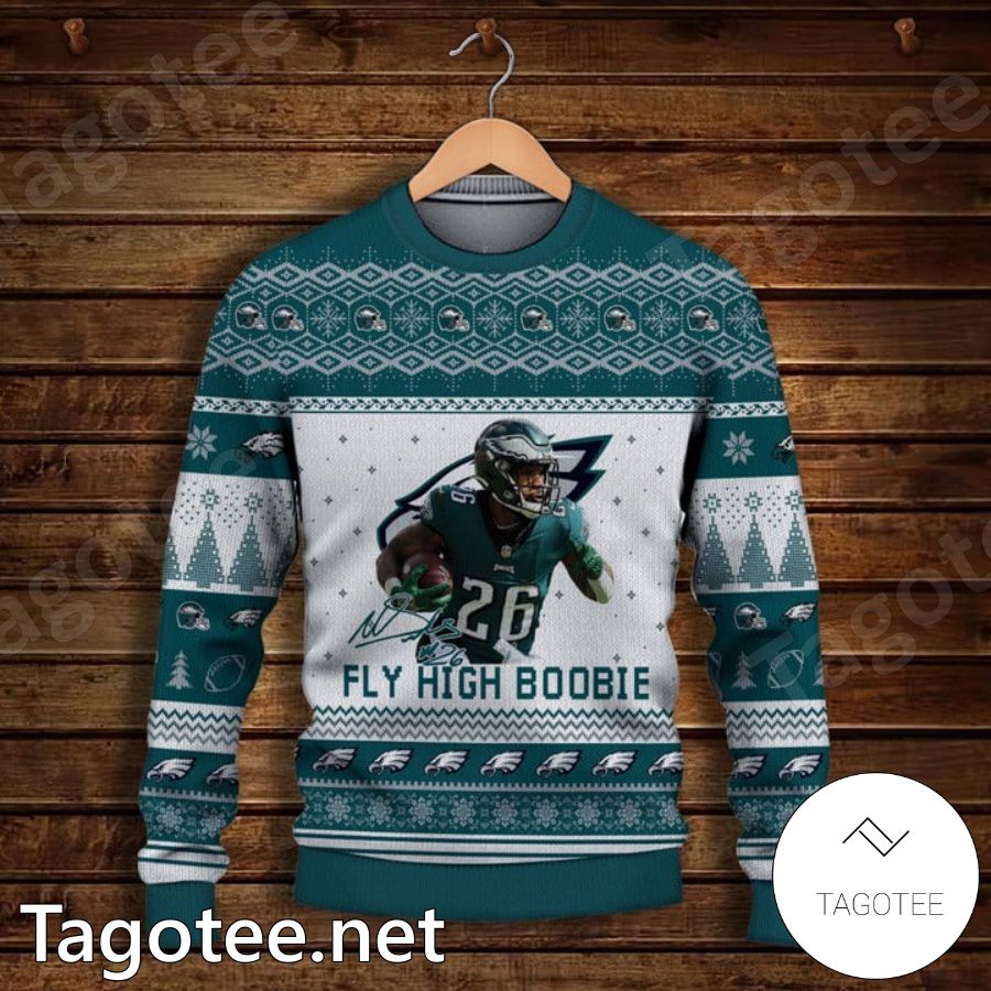 Miles Sanders Philadelphia Eagles Fly High Boobie Fly To Glory Ugly Christmas Sweater a