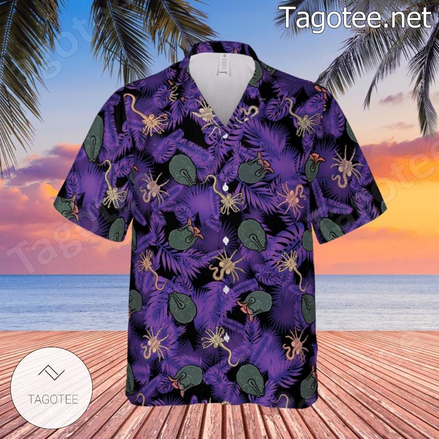 Alien Facehugger And Ovomorph Purple Leaves Hawaiian Shirt - Tagotee