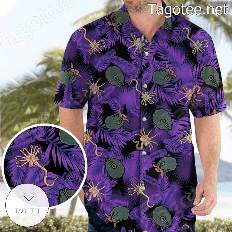 Alien Facehugger And Ovomorph Purple Leaves Hawaiian Shirt - Tagotee