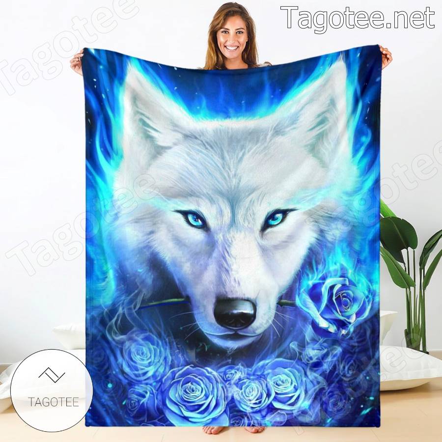 Wolf Blue Roses Blanket