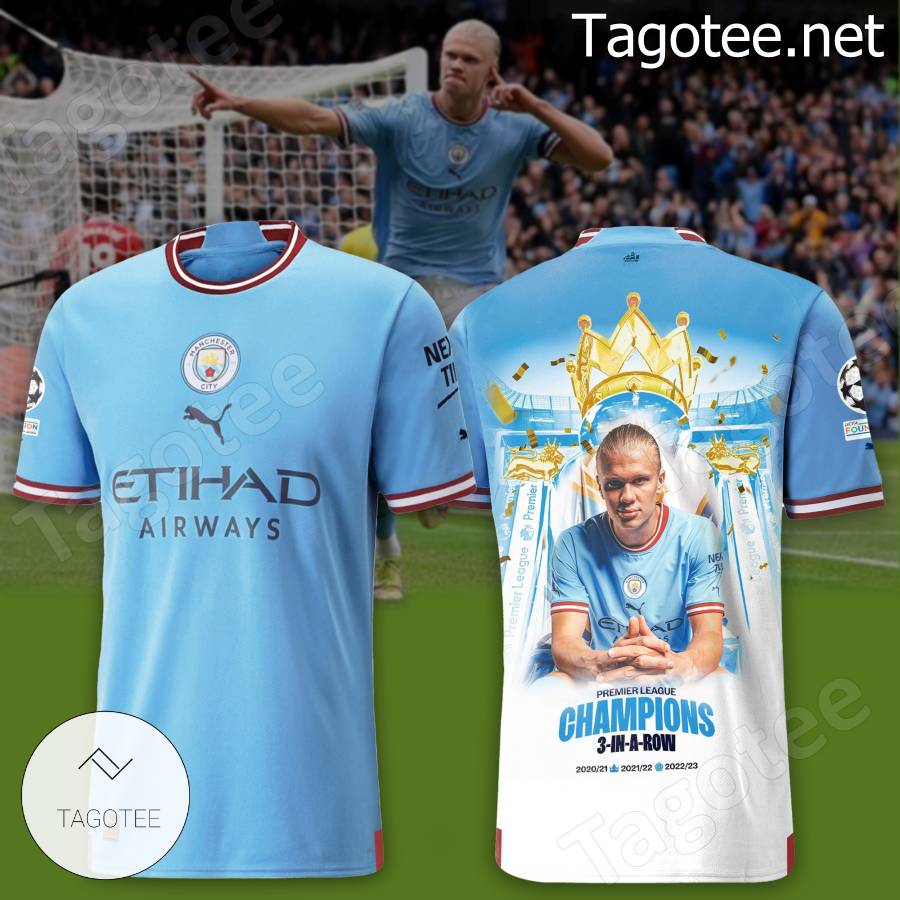 Erling Haaland Manchester City Premier League Champions 3-in-a-row T-shirt, Hoodie