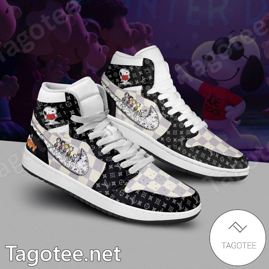 Snoopy Louis Vuitton Purple Checkered Air Jordan High Top Shoes - Tagotee