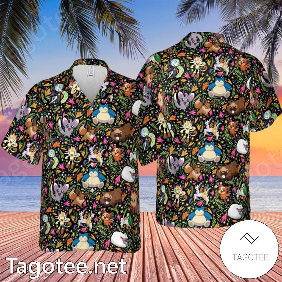 Pokemon Snorlax Bidoof Eevee Meloetta Floral Hawaiian Shirt - Tagotee