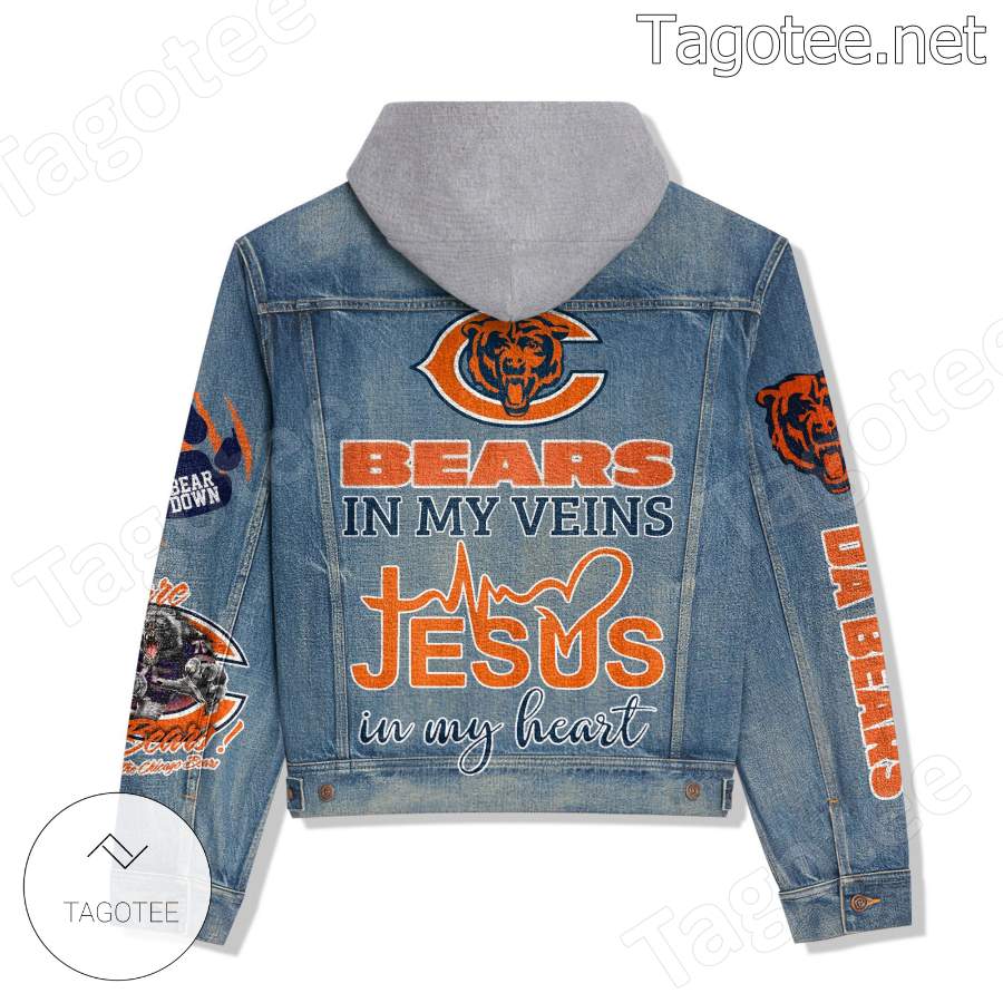 Chicago Bears In My Veins Jesus In My Heart Hooded Jean Jacket b