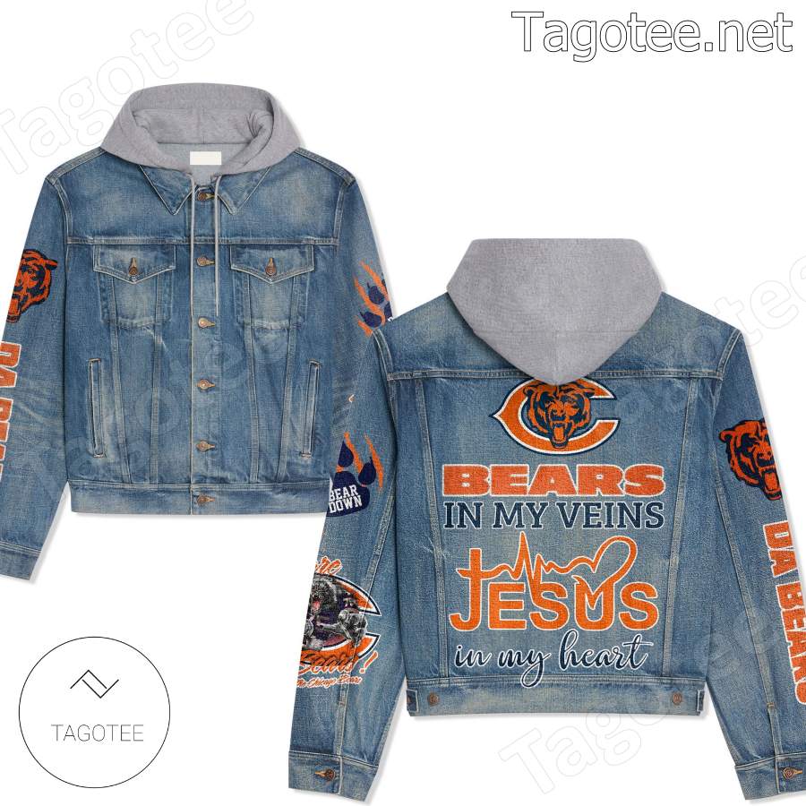 Chicago Bears In My Veins Jesus In My Heart Hooded Jean Jacket