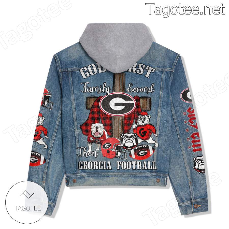 God First Family Second Then Georgia Bulldogs Football Hooded Jean Jacket a