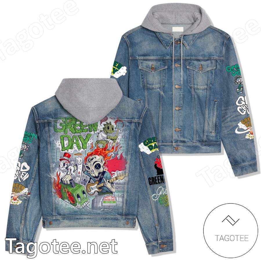 Green Day Skull Fire Hooded Denim Jacket - Tagotee