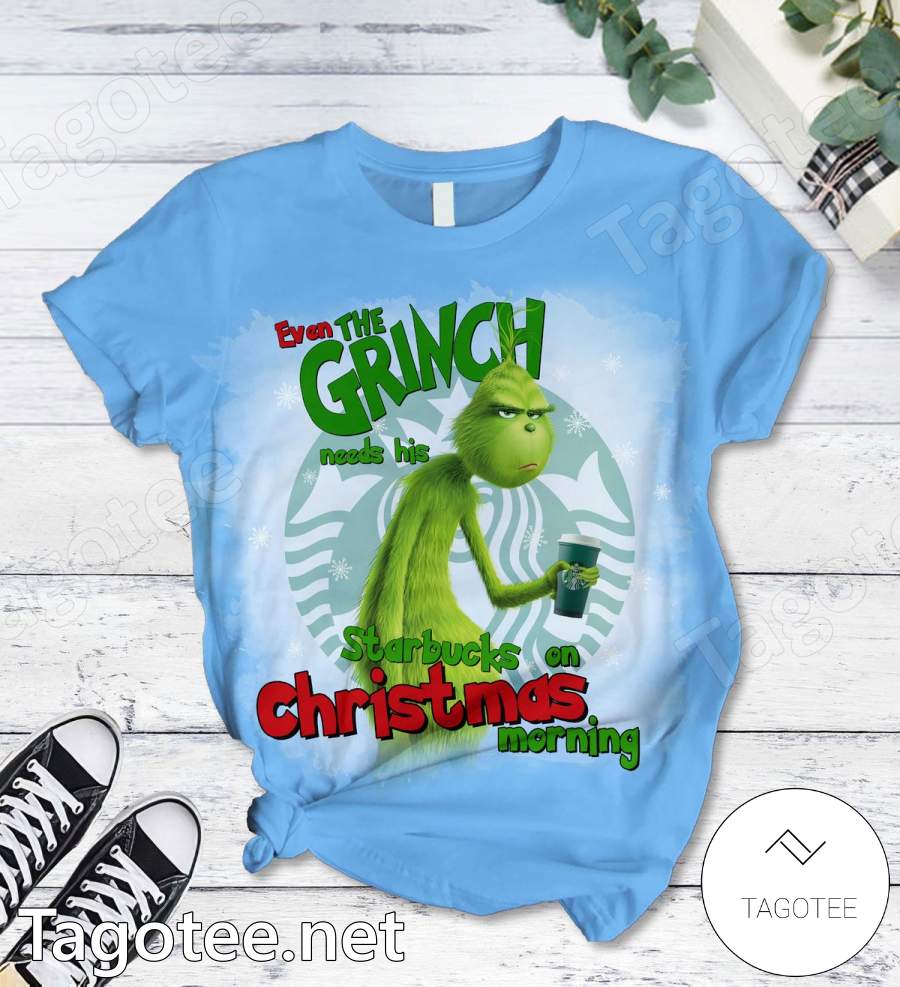Even The Grinch Needs His Starbucks On Christmas Morning Pajamas Set a