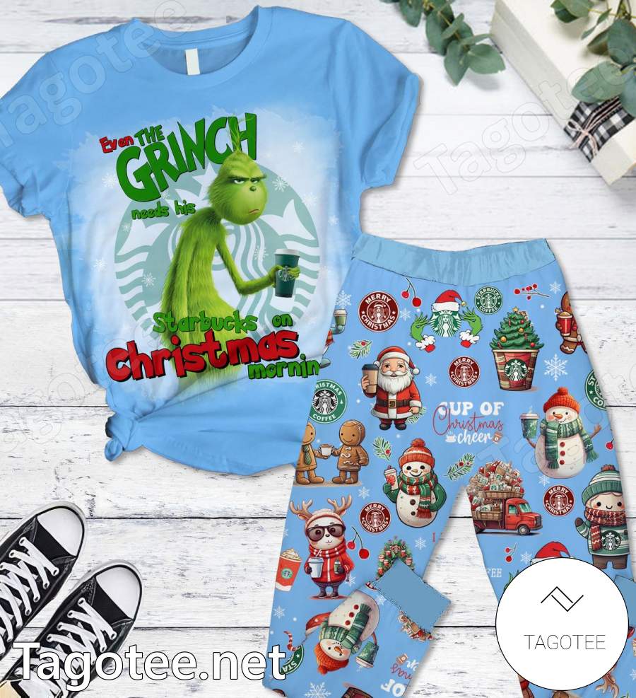 Even The Grinch Needs His Starbucks On Christmas Morning Pajamas Set